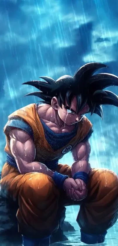 Anime hero sitting in the rain with vibrant blue and orange colors.