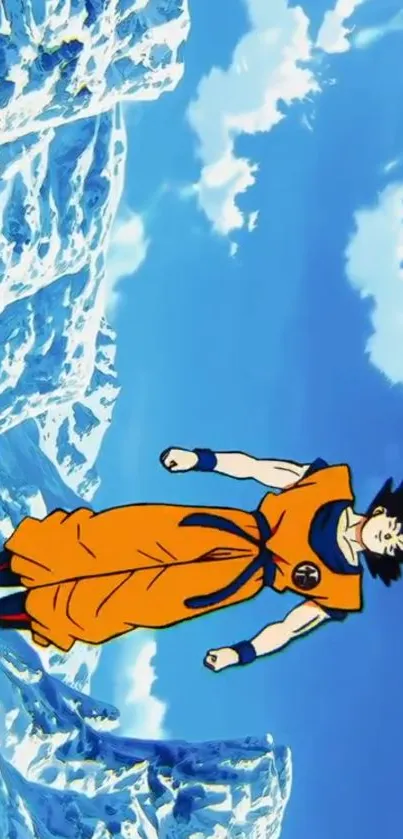 Anime hero in orange gi with snowy mountain background.