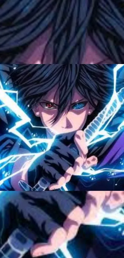 Anime hero with sword and lightning, featuring intense dual-colored eyes.