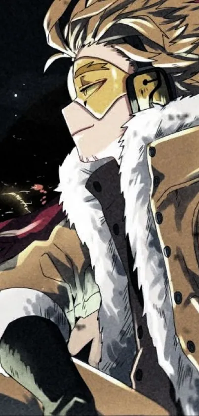 Anime hero wearing goggles and a fur coat in a dynamic mobile wallpaper.