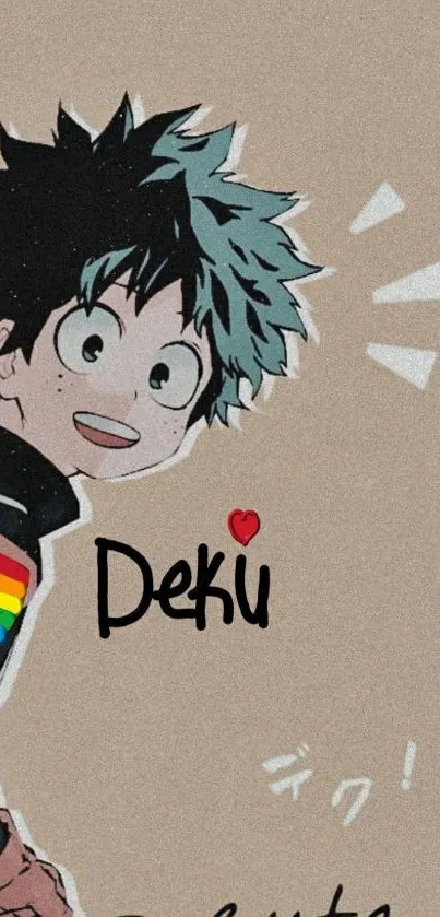 Anime character Deku on beige background.