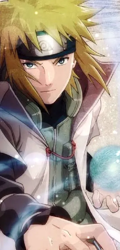 Anime hero with spiky blonde hair and energy orb.