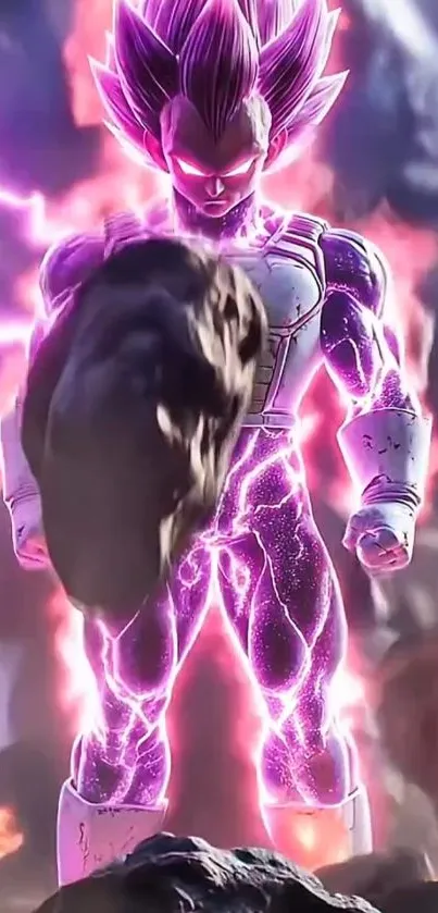 Anime hero with glowing purple energy in dynamic pose.