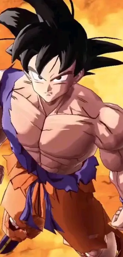 Anime character in power stance with fiery, orange background.