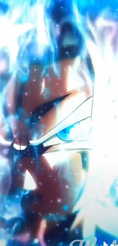 Anime character with blue energy aura and fierce gaze in vibrant colors.