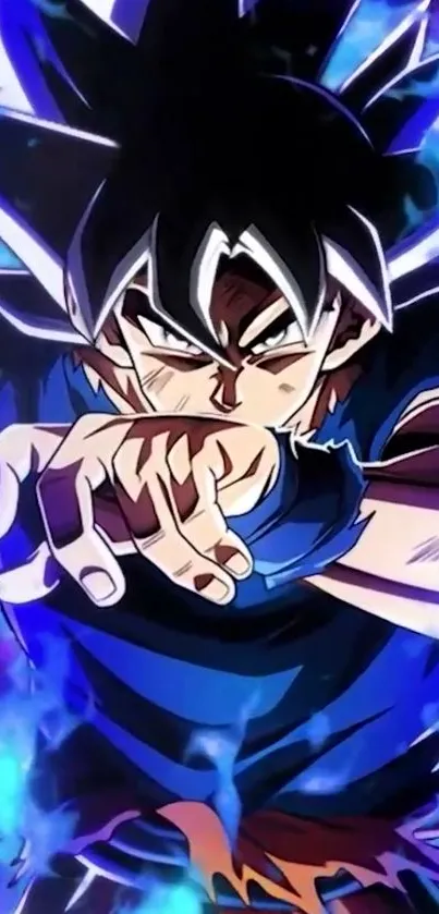 Anime hero with blue energy aura in action pose.