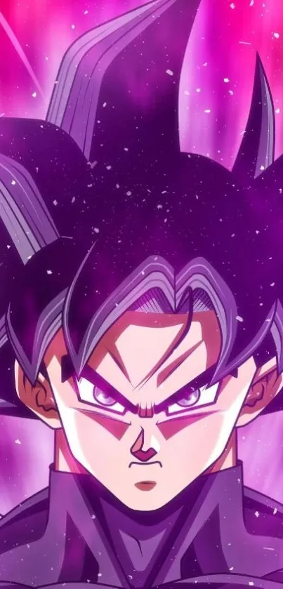 Anime hero with vibrant purple aura background.