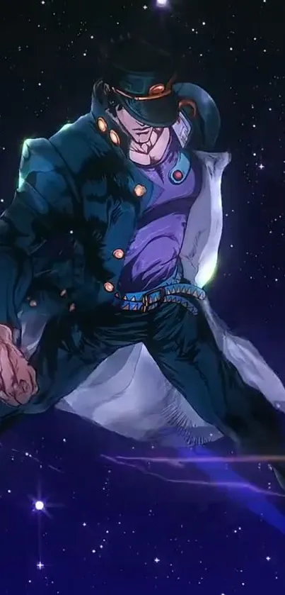 Anime character poses heroically in a starry cosmic scene.