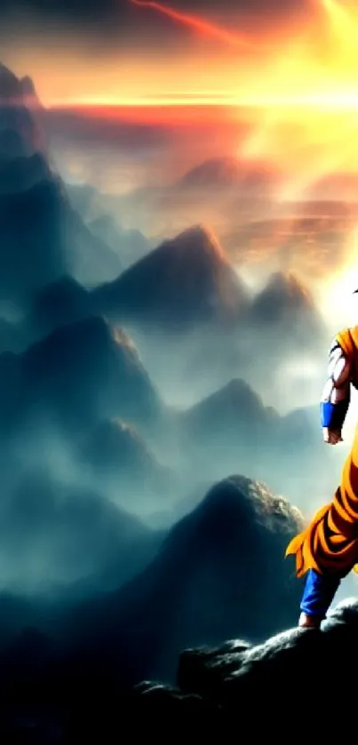 Anime hero stands at sunrise over misty mountains with vibrant colors.