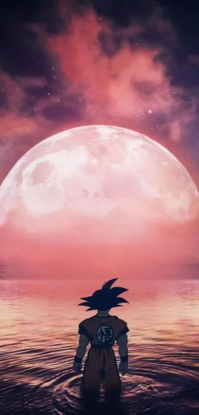 Anime character under a pink full moon.