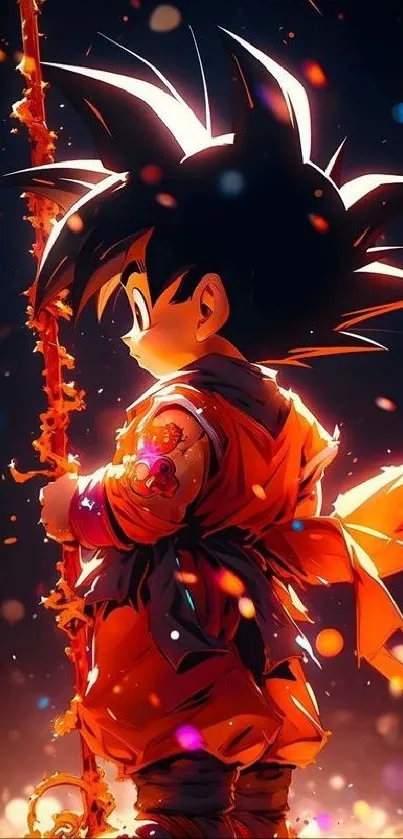 Vibrant anime hero holding glowing staff in dynamic, colorful scene.