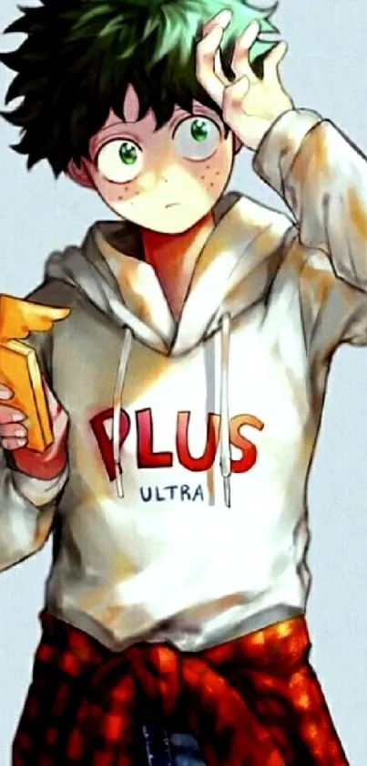 Anime hero in hoodie mobile wallpaper.