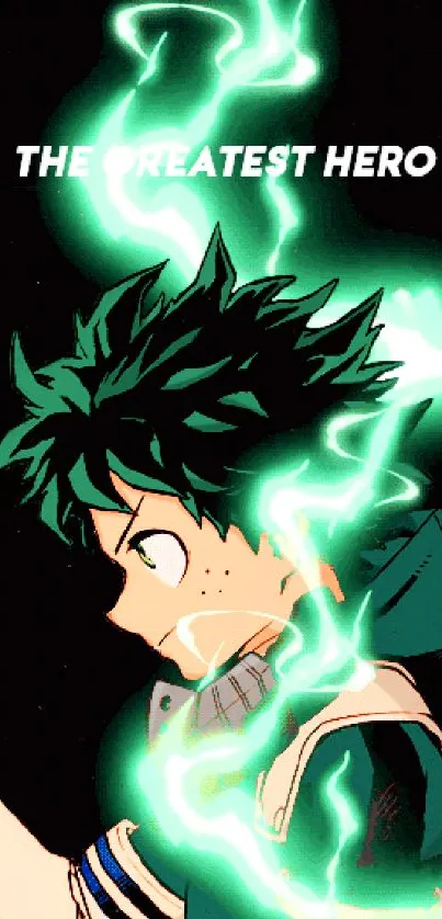 Anime hero character with glowing green energy and dynamic pose on a dark background.