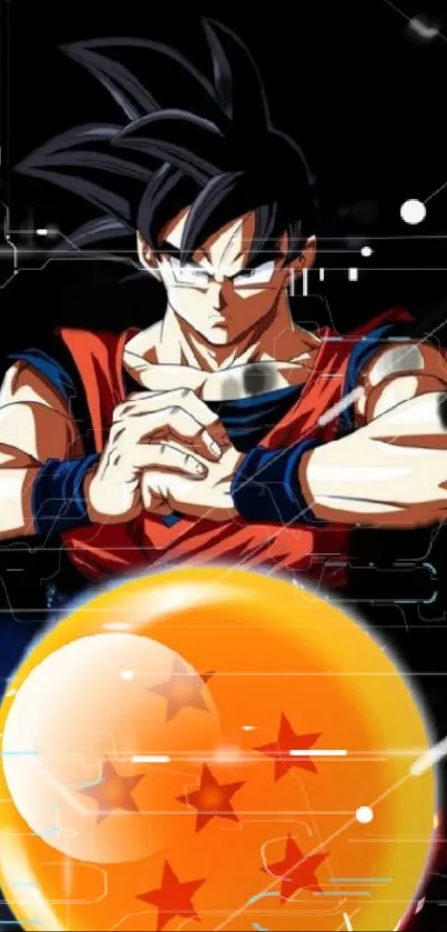 Anime hero with dragon ball under black sky.