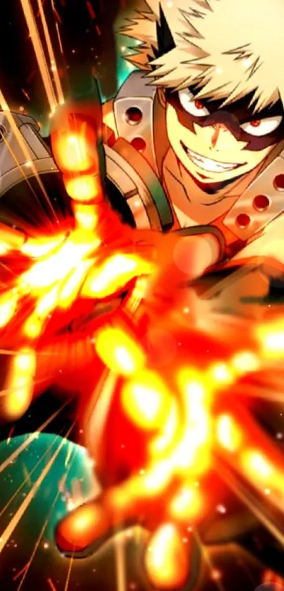 Anime hero unleashing fiery power with vibrant orange flames.