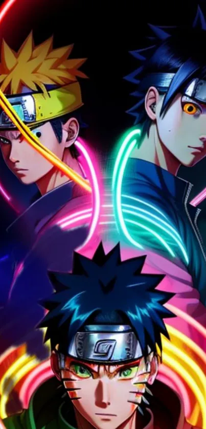 Anime heroes with neon lights on a dark background mobile wallpaper.