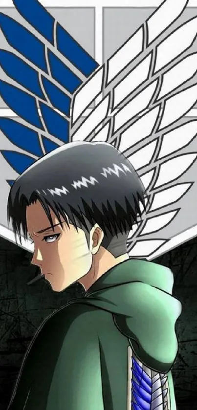 Anime character with wings in emerald green background.