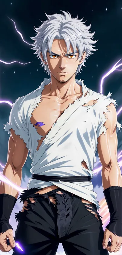 Anime hero with electric aura and white hair.