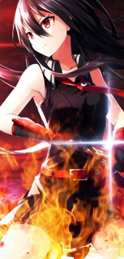 Anime heroine with flames and red accents in a dynamic scene.