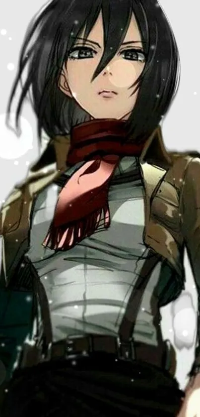 Anime heroine with a red scarf poses confidently on a gray background.