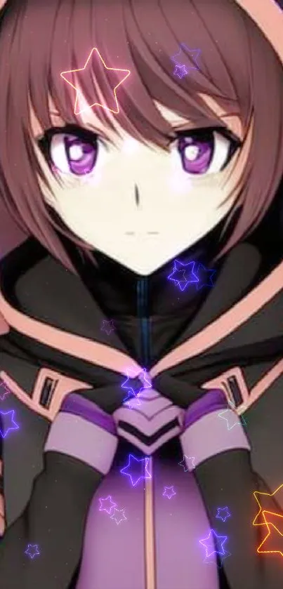 Anime character in purple hooded attire with vibrant gradient background.