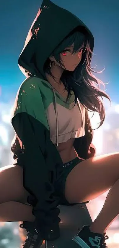 Anime character in hoodie sitting with cityscape background.