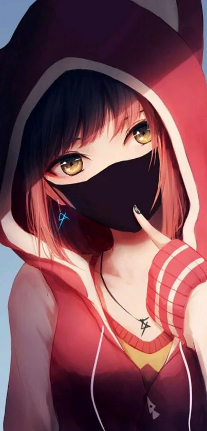 Anime girl in red hoodie with captivating look.