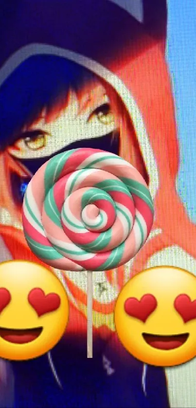 Anime girl in red hoodie with lollipop emoji.