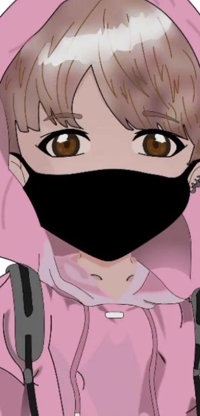 Anime character in pink hoodie with black mask illustration.