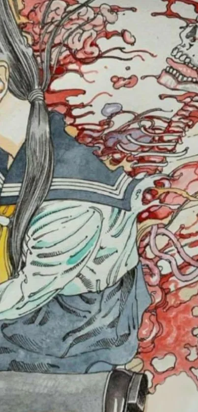 Anime horror art with vivid red and intricate hand-drawn details.