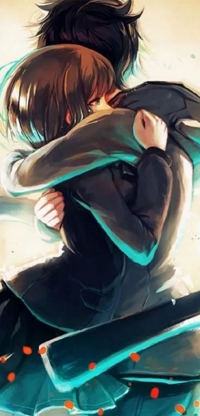 Anime couple embracing in warm hues.