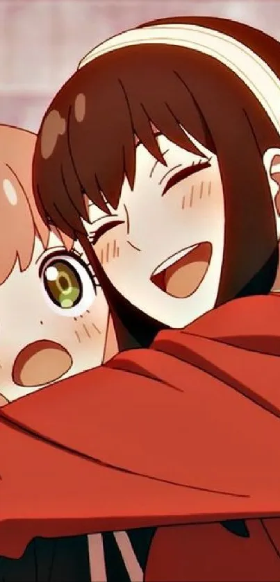 Two happy anime friends hugging on a staircase.