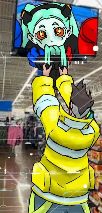 Anime character in a supermarket setting with vibrant yellow tones.