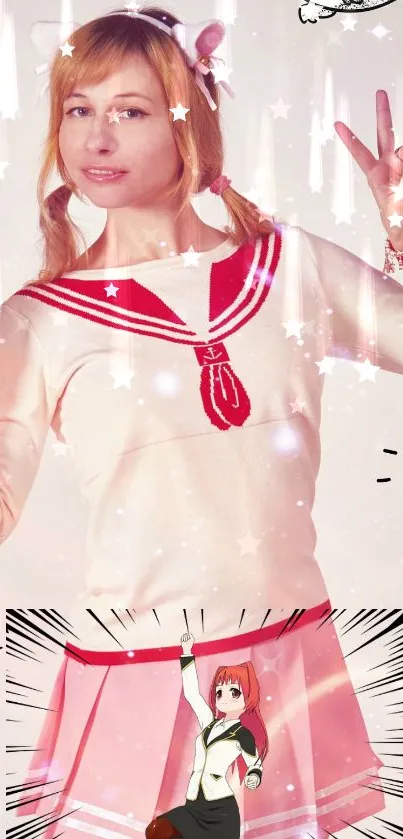 Anime cosplay wallpaper with energetic and colorful design.