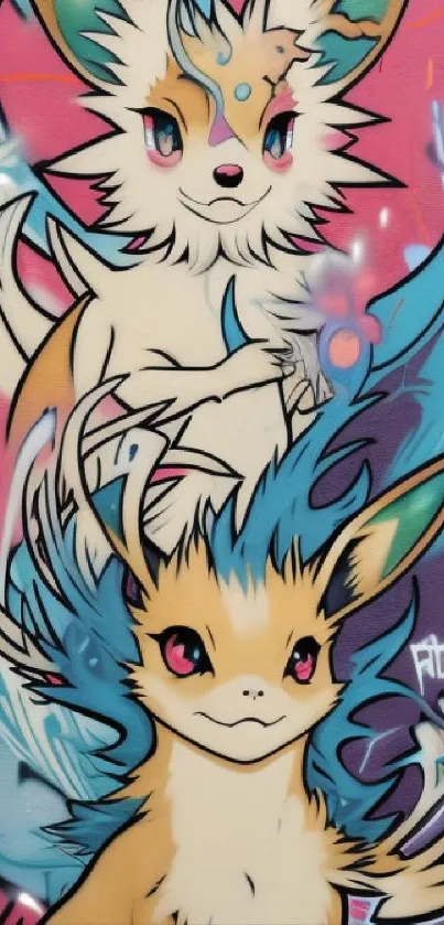 Colorful anime-inspired graffiti art on a phone wallpaper.