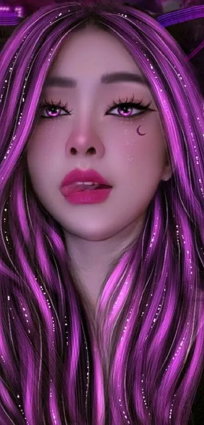 Anime-style portrait with neon colors and vibrant pink, set against a city backdrop.