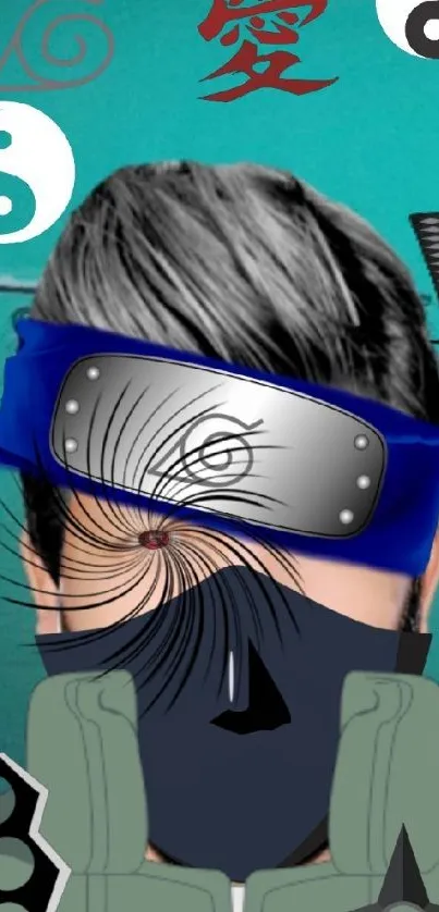 Anime ninja with teal background and blue headband.