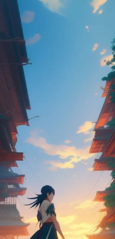 Anime character stands at sunset under a vibrant sky.