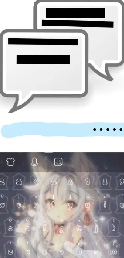 Anime-themed keyboard with messaging interface on mobile phone.