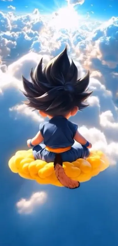 Anime child flying on cloud in bright sky.