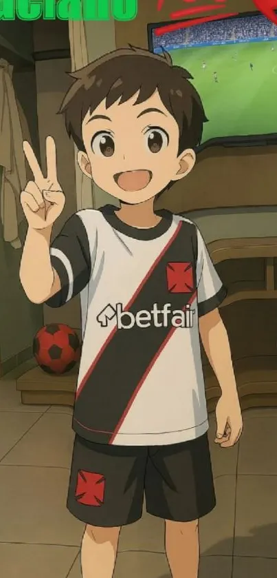 Anime kid showing peace sign with a smile.