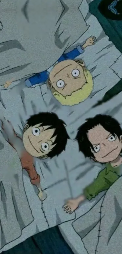 Anime kids in pajamas lying in bed.