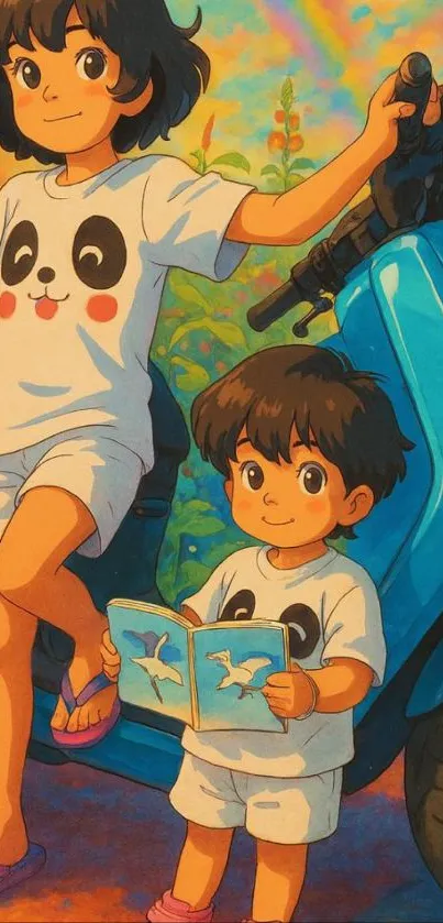 Anime artwork of two children with scooter.