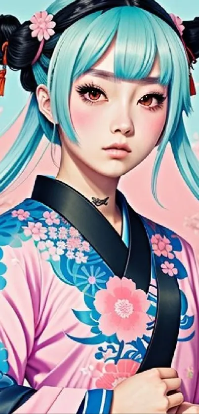 Anime character in pink and blue kimono with cherry blossoms.