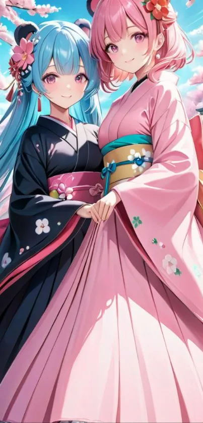 Anime characters in kimonos with cherry blossoms.