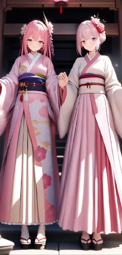 Anime twins wearing pink kimonos in a traditional setting.