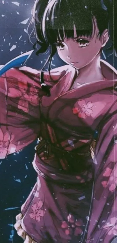 Anime girl in a pink kimono holding a sword with a dark blue background.