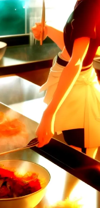 Anime chef cooking in a sunlit kitchen with vibrant colors.