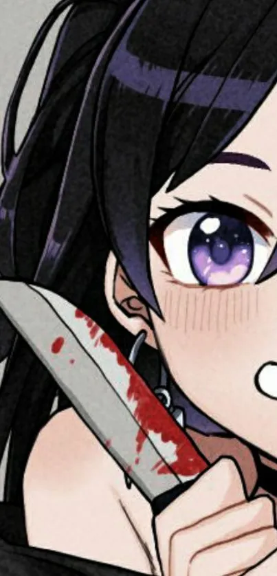 Anime girl with dark hair holding a knife, vibrant and playful art design.