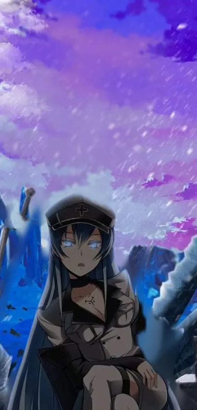 Anime character with indigo sky and mystical landscape wallpaper.